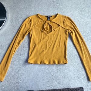 Forever 21 Yellow Cropped Long Sleeve with Diamond cut out with tie. Size small.